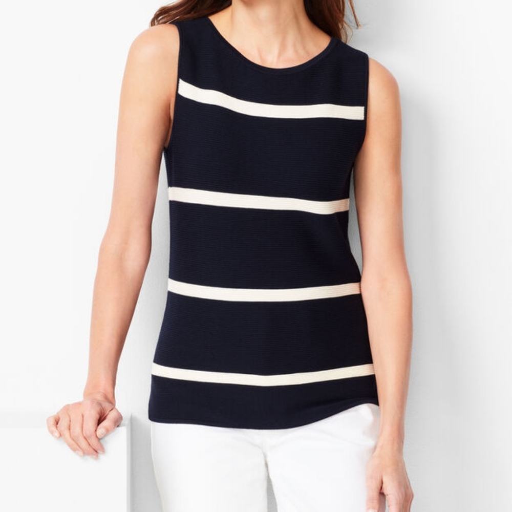 Talbots Petite Striped Ottoman Crew Neck Sweater Top Women's Medium Navy Blue